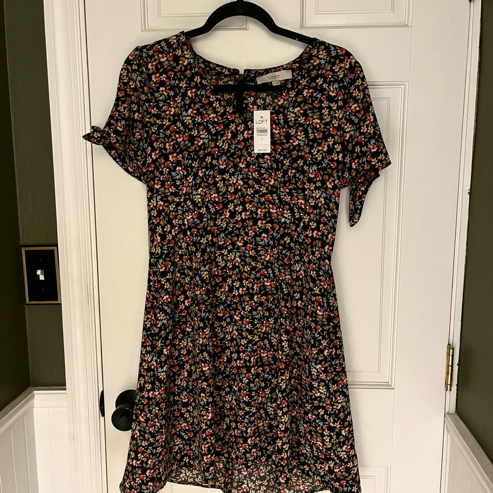 LOFT Black Floral Print Skater Dress